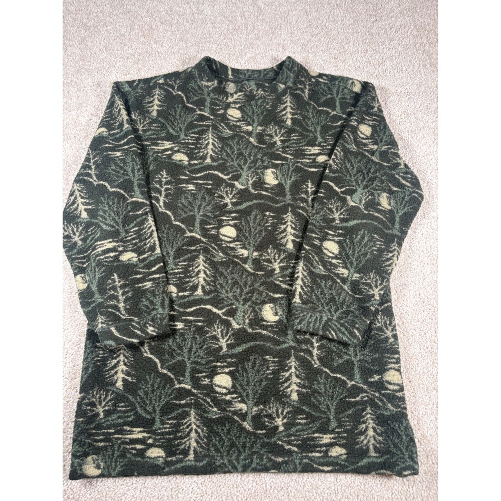 Vintage Forest Landscape Fleece Pullover Mock Neck Green Tree Print Sweater XL